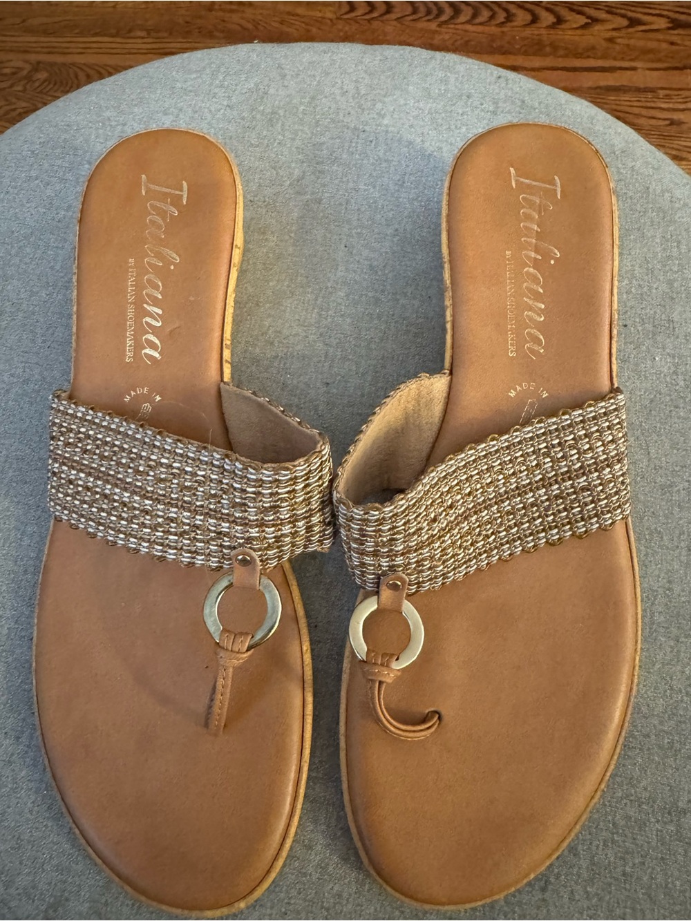 Gold Braided Strap Tan Slide Sandals